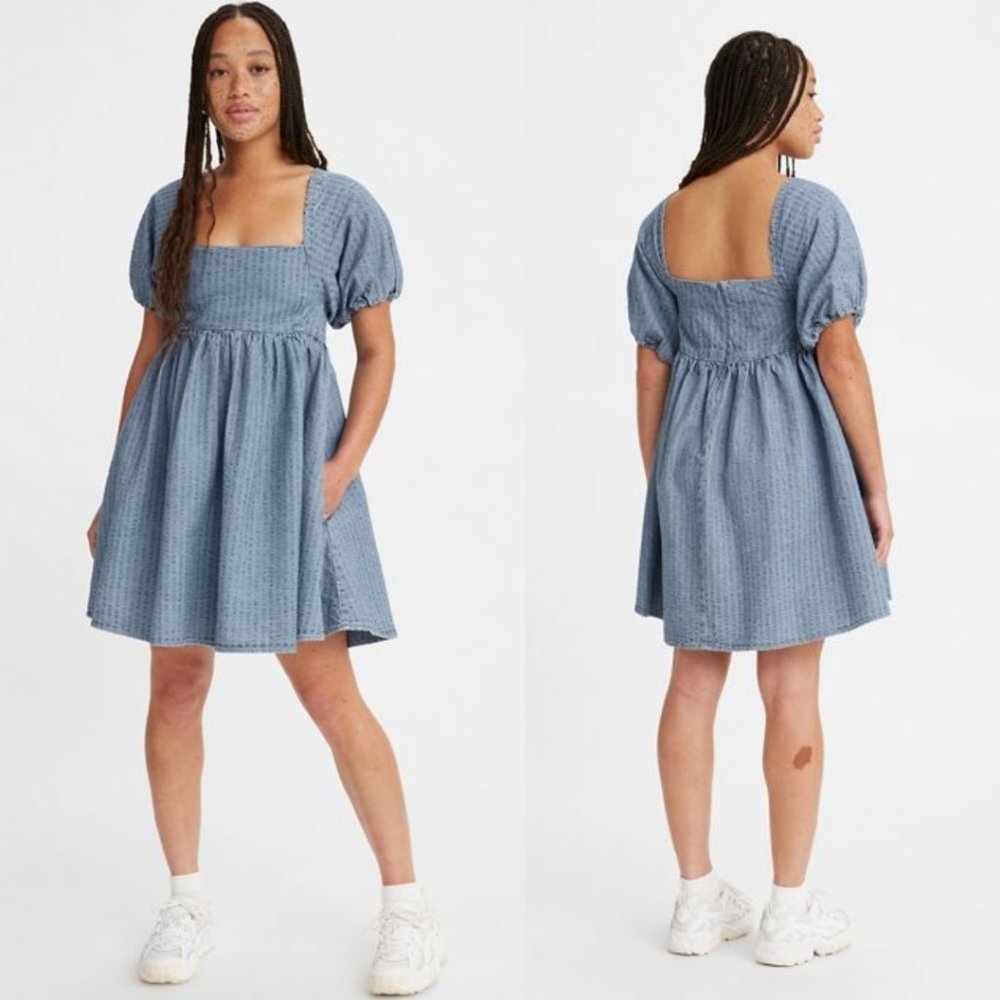 Levi's Sage Denim Square Neckline Pockets Puff Sleeve Babydoll Mini Dress